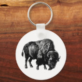 Buffalo American Bison  Wood Engraving Sleutelhanger (Voorkant)
