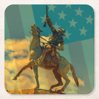 Buffalo Bill Cody-standbeeld Cody, Wyoming & vlag Vierkante Kartonnen Onderzetter