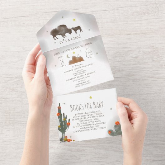 Buffalo Bison Cactus Book Request Girl Baby shower All In One Uitnodiging (Afscheurbaar)