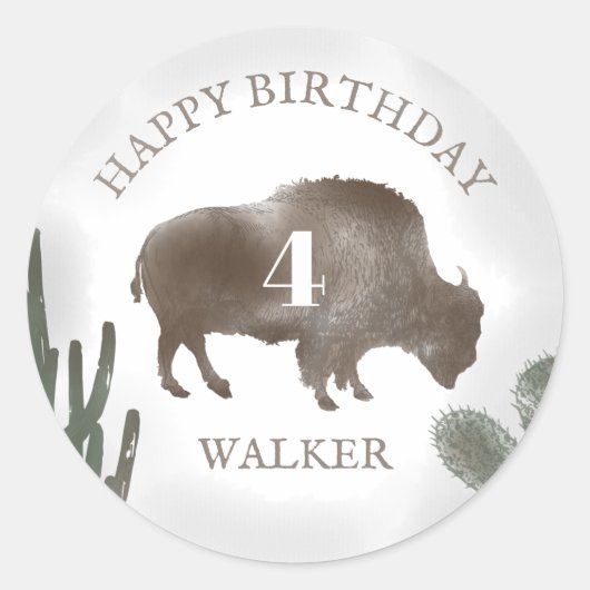 Buffalo Bison Desert Cactus Ranch Westerne Birthda Ronde Sticker (Voorkant)