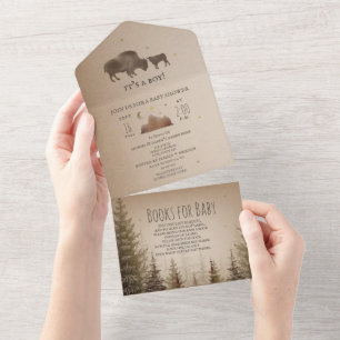 Buffalo Bison Evergreen Boek Verzoek Baby Shower All In One Uitnodiging
