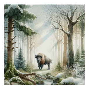 Buffalo Bison grillig winterlandschap Perfect Poster