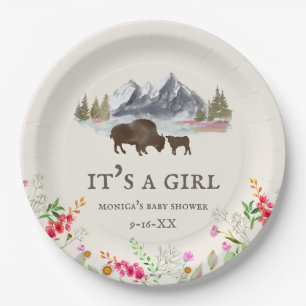 Buffalo Bison Mountains Girl Baby shower Papieren Bordje