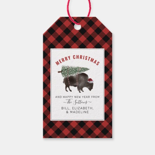 Buffalo Bison Santa Merry kerstboom Red Pset Cadeaulabel (Voorkant)