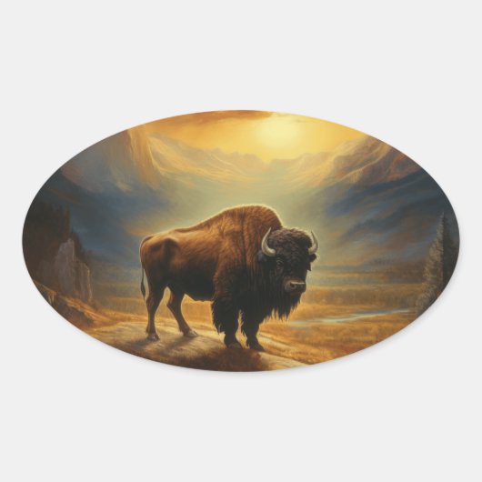 Buffalo Bison Sunset Silhouet Ovale Sticker (Voorkant)