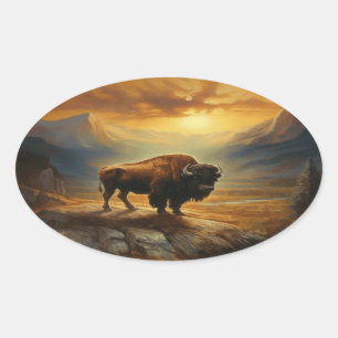 Buffalo Bison Sunset Silhouet Ovale Sticker