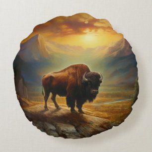 Buffalo Bison Sunset Silhouet Rond Kussen