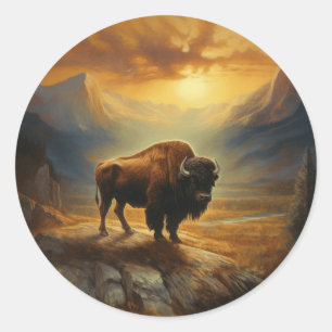 Buffalo Bison Sunset Silhouet Ronde Sticker