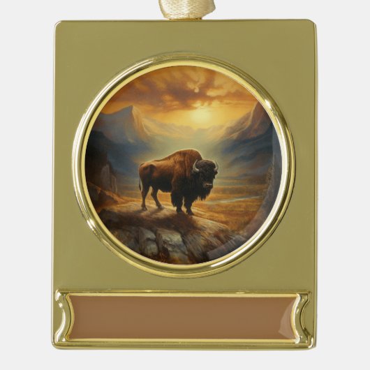 Buffalo Bison Sunset Silhouet Verguld Banner Ornament (Voorkant)