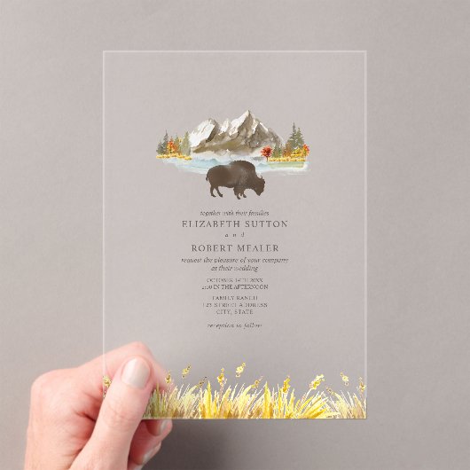 Buffalo Bison Waterverf Mountains Autumn Wedding Acryl Uitnodigingen (Insitu (Draagbaar))