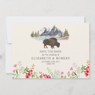 Buffalo Bison Waterverf Mountains Floral Wedding Save The Date