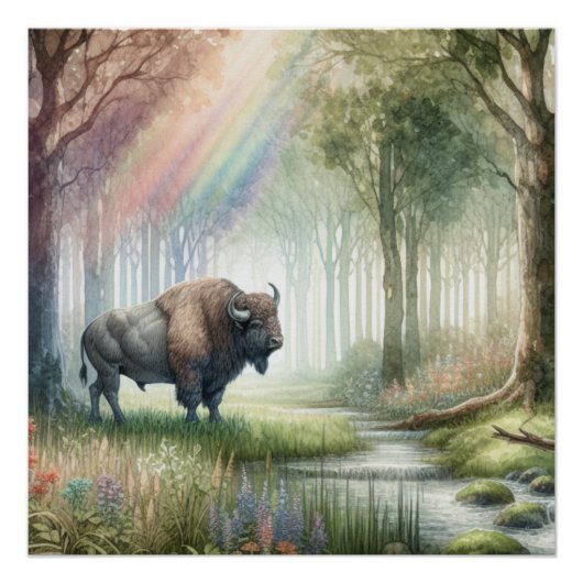 Buffalo Bison Whimsical Forest Landschapskunst Perfect Poster (Voorkant)