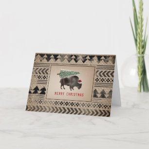 Buffalo Bizon Santa Kerstmis Boom Burlap Feestdagen Kaart