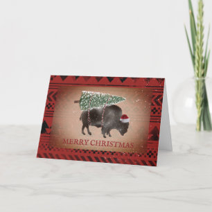 Buffalo Bizon Santa Sneeuw Prettig Kerstmis Geomet Feestdagen Kaart