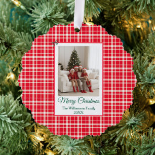 Buffalo Check Style Foto Lijst Vrolijk Kerstfeest Ornament Kaart