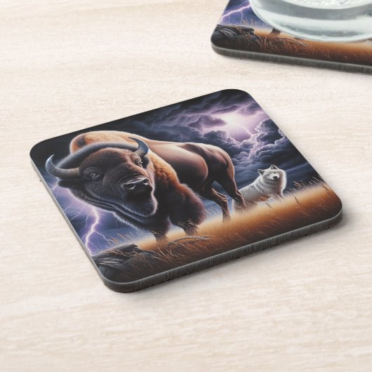 Buffalo en Wolf in een onweersbui met bliksem Bier Onderzetter (Linkerzijde)