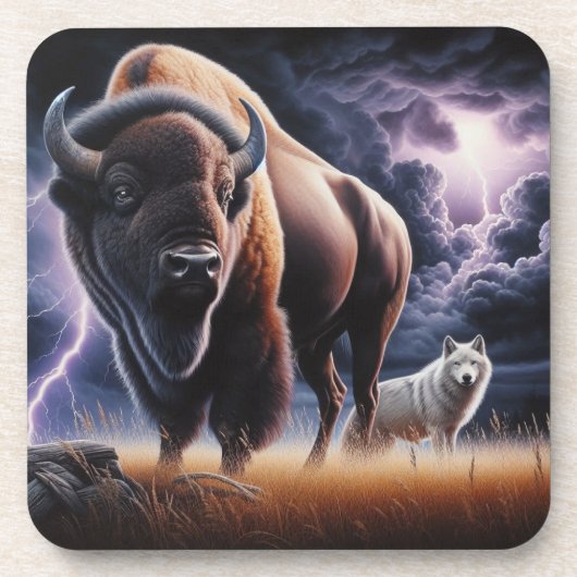 Buffalo en Wolf in een onweersbui met bliksem Bier Onderzetter (Voorkant)