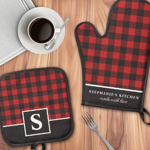 Buffalo geruit rood en zwart geruit monogrammetje ovenwant & pannenlap set