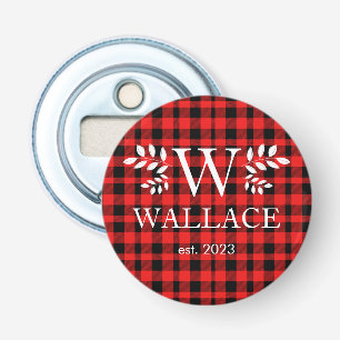 Buffalo geruite Kerstmonogram pasgetrouwd foto Button Flesopener