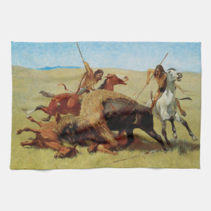Buffalo Hunt door Remington, Vintage Native Americ Theedoek