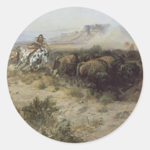 Buffalo Hunt No. 26 door CM Russell, Vintage India Ronde Sticker