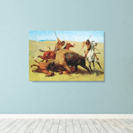Buffalo Hunt van Remington,  Native American Canvas Afdruk (Insitu (Houten vloer))
