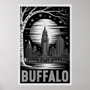Buffalo New York Silhouette Zwart Wit Houtsnede Poster