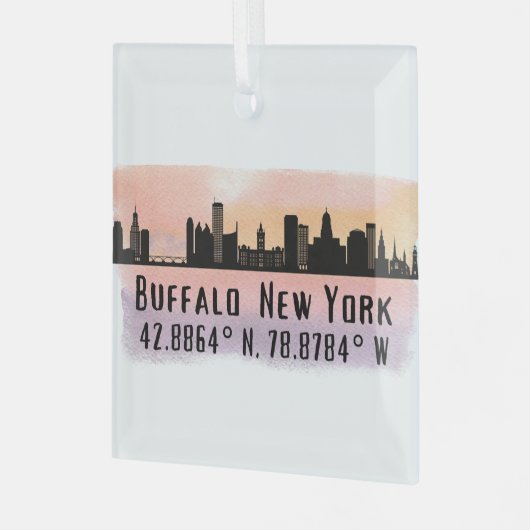 Buffalo NY City Skyline Latitude en Lengtegraad Glas Ornament (Voorkant links)