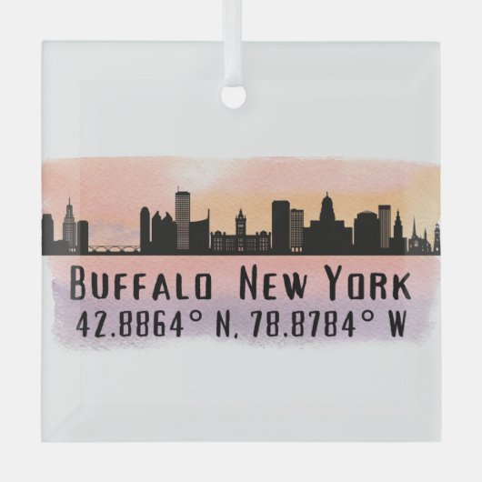 Buffalo NY City Skyline Latitude en Lengtegraad Glas Ornament (Voorkant)