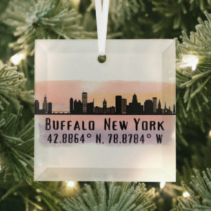 Buffalo NY City Skyline Latitude en Lengtegraad Glas Ornament