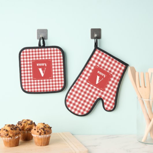 Buffalo Plaid aangepaste Monogrammed Modern Ovenwant & Pannenlap Set (Insitu(Ophanging))