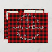 Buffalo Plaid Argent Script Joyeuse carte de Noël (Devant / Derrière)