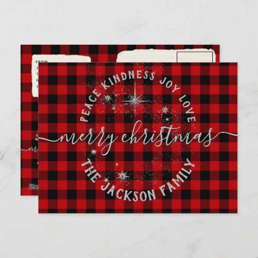 Buffalo Plaid Argent Script Joyeuse carte de Noël (Devant / Derrière)