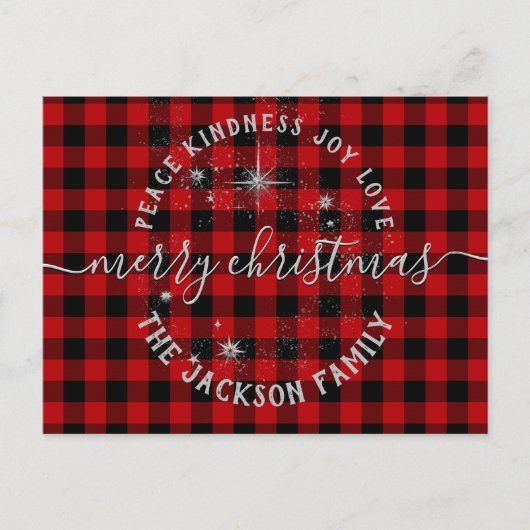 Buffalo Plaid Argent Script Joyeuse carte de Noël (Devant)