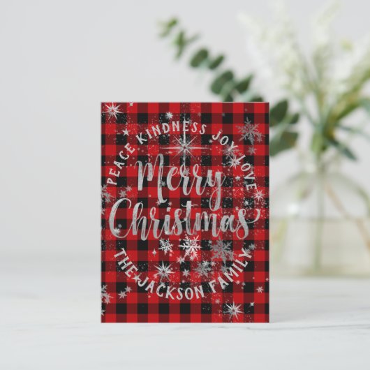Buffalo Plaid Argent Script Joyeuse carte de Noël (Debout devant)