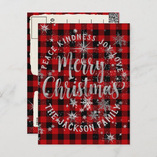 Buffalo Plaid Argent Script Joyeuse carte de Noël (Devant / Derrière)
