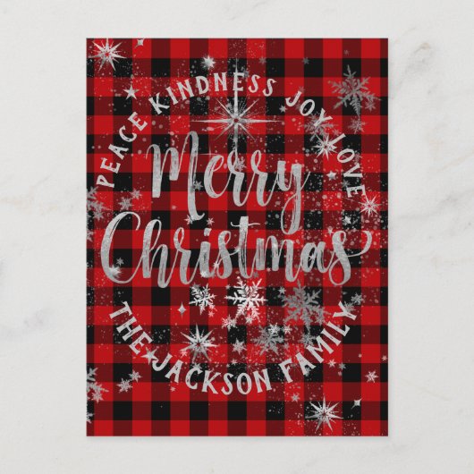 Buffalo Plaid Argent Script Joyeuse carte de Noël (Devant)