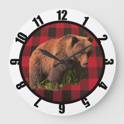 Buffalo Plaid Bear Man Cave Grosse Horloge (Recto)