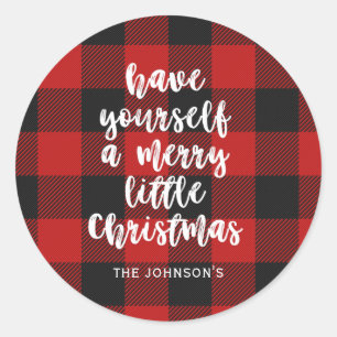 Buffalo Plaid Borstel Schrift Kleine Kerst Naam Ronde Sticker