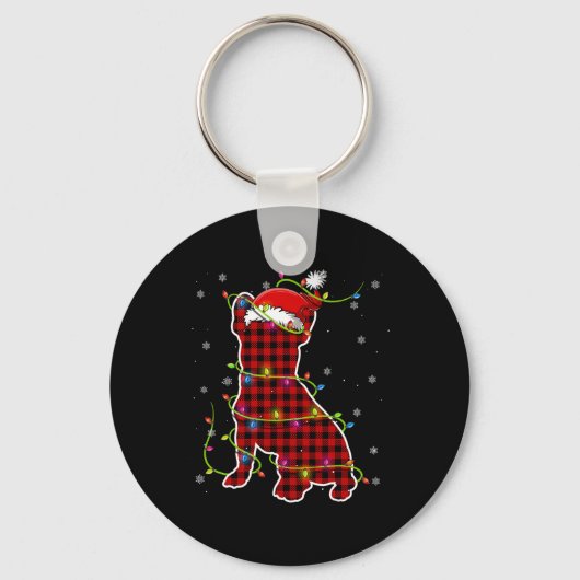 Buffalo Plaid Bulldog Santa Kerstmis Pyjama Match Sleutelhanger (Voorkant)