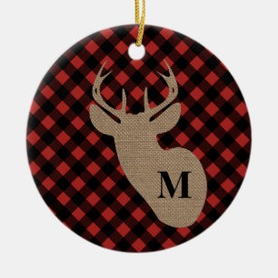 Buffalo Plaid Burlap Deer Monogram Keramisch Ornament