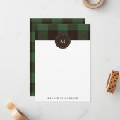 Buffalo Plaid en Monogram | Groene Briefpapier Notitiekaartje (Voorkant / Achterkant in situ)
