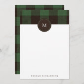 Buffalo Plaid en Monogram | Groene Briefpapier Notitiekaartje (Voorkant / Achterkant)