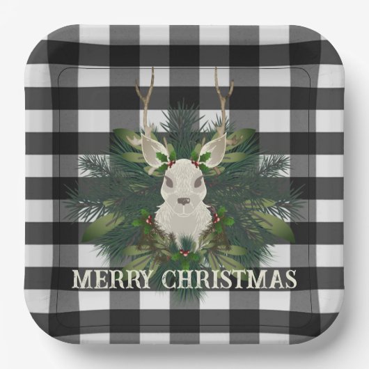 Buffalo Plaid Feestelijke Rendieren Kerstmis Papieren Bordje (Voorkant)
