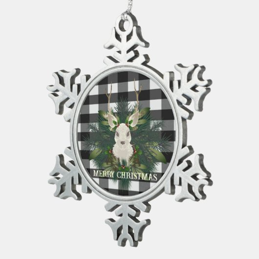 Buffalo Plaid Feestelijke Rendieren Kerstmis Tin Sneeuwvlok Ornament (Rechts)