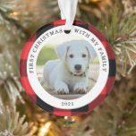 Buffalo Plaid First Christmas Photo ornament<br><div class="desc">Buffalo a plaid arrière - plan avec une photo personnalisée et un script "First Christmas With My Family" pour rendre ce produit mémorable. Consultez notre magasin pour plus d'options d'ornement.</div>