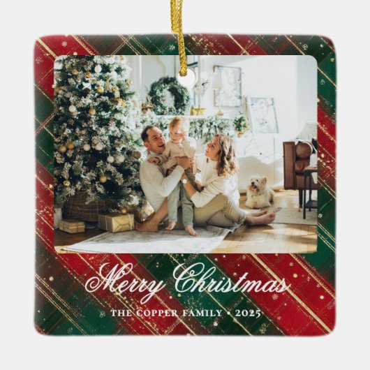 Buffalo Plaid Foto Kerst Keramisch Ornament (Voorkant)