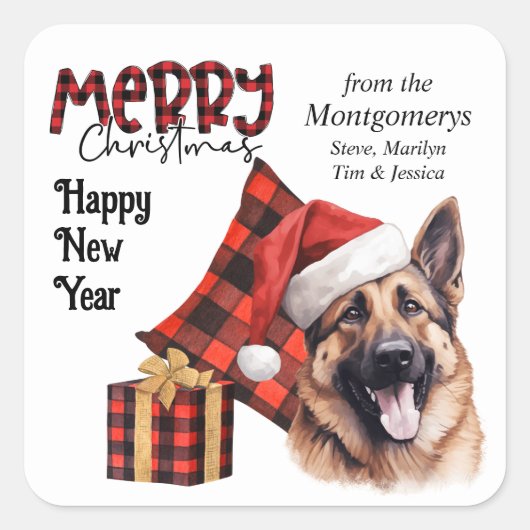 Buffalo Plaid German Shepherd Dog Christmas Vierkante Sticker (Voorkant)