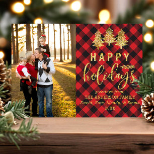 Buffalo Plaid Gold Happy Holidays Carte photo