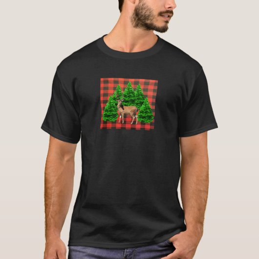 Buffalo Plaid Holiday Forest Deer T-Shirt (Voorkant)